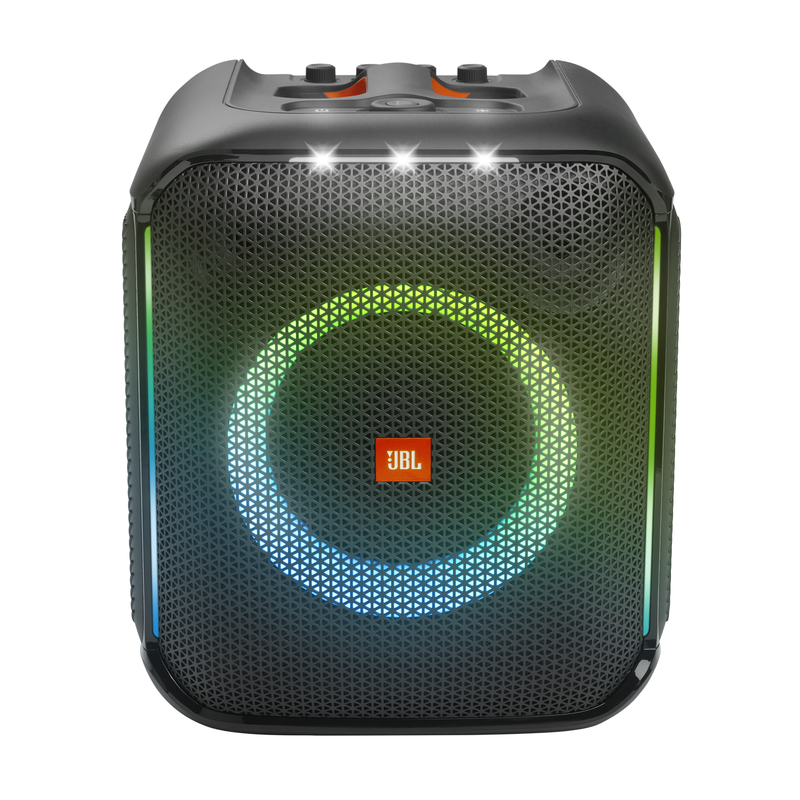 JBL PartyBox Encore - Black - Portable party speaker with 100W powerful sound, built-in dynamic light show, included digital wireless mics, and splash proof design. - Front