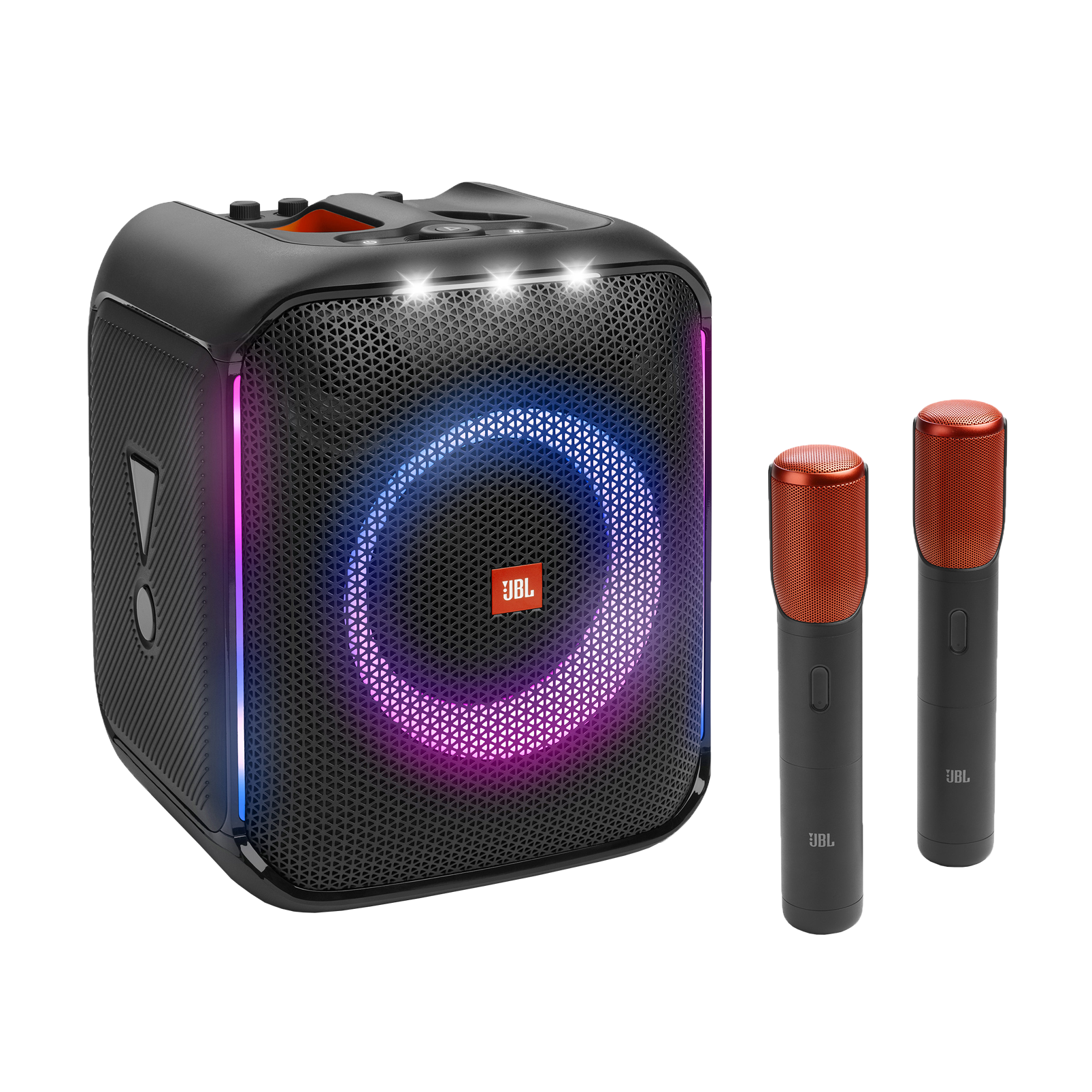 JBL PartyBox Encore - Black - Portable party speaker with 100W powerful sound, built-in dynamic light show, included digital wireless mics, and splash proof design. - Hero