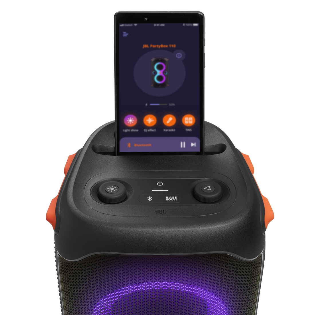 JBL Partybox 110 - Black - Portable party speaker with 160W powerful sound, built-in lights and splashproof design. - Detailshot 5