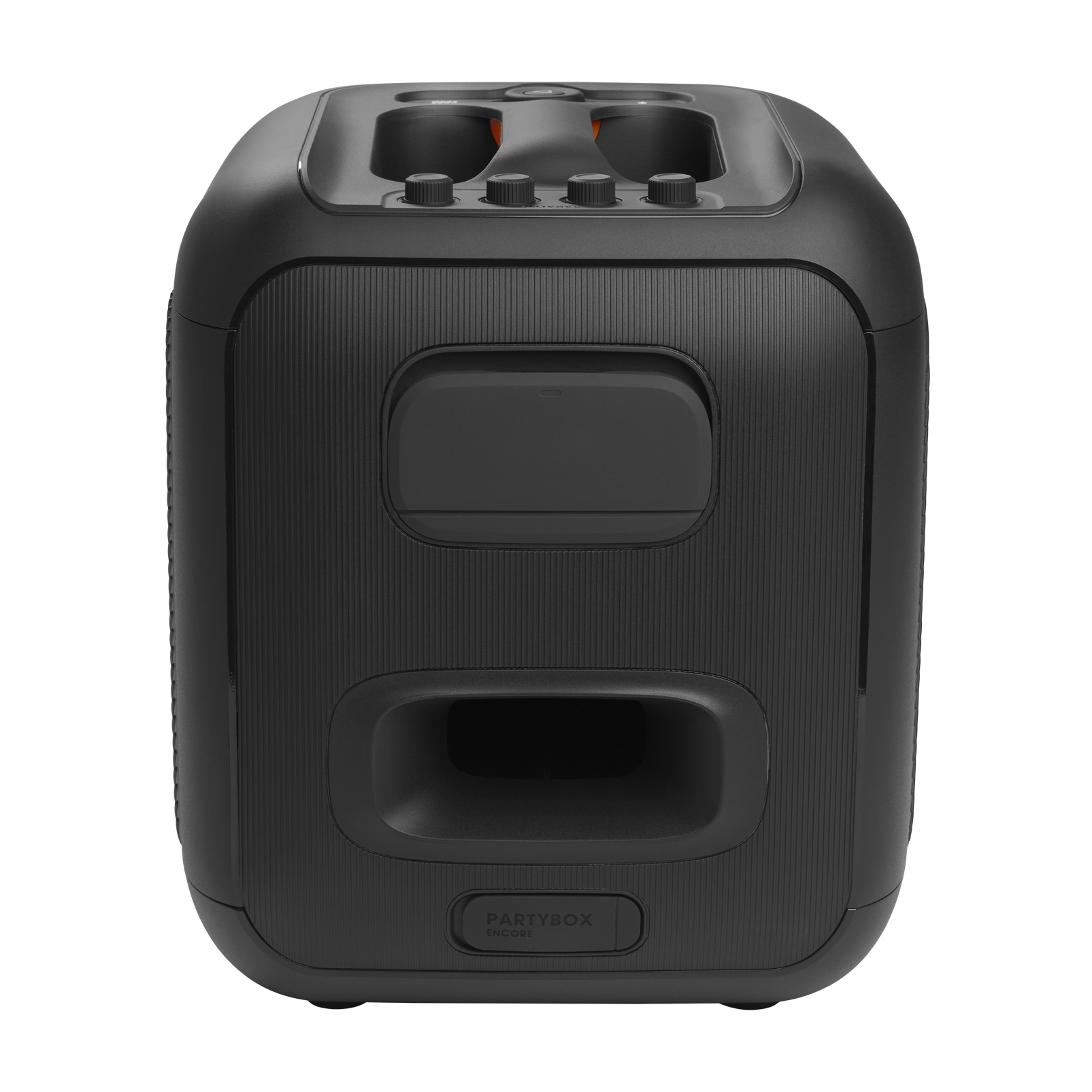JBL PartyBox Encore - Black - Portable party speaker with 100W powerful sound, built-in dynamic light show, included digital wireless mics, and splash proof design. - Back