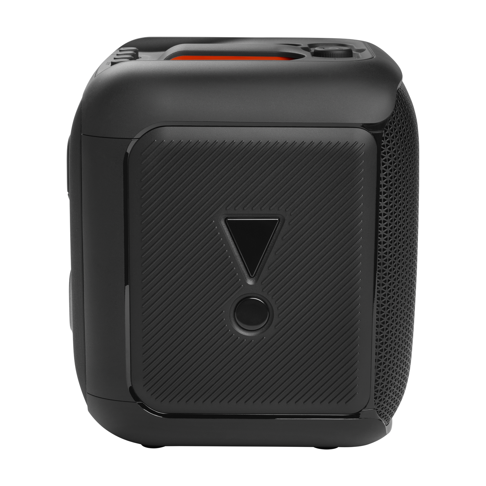 JBL PartyBox Encore - Black - Portable party speaker with 100W powerful sound, built-in dynamic light show, included digital wireless mics, and splash proof design. - Left