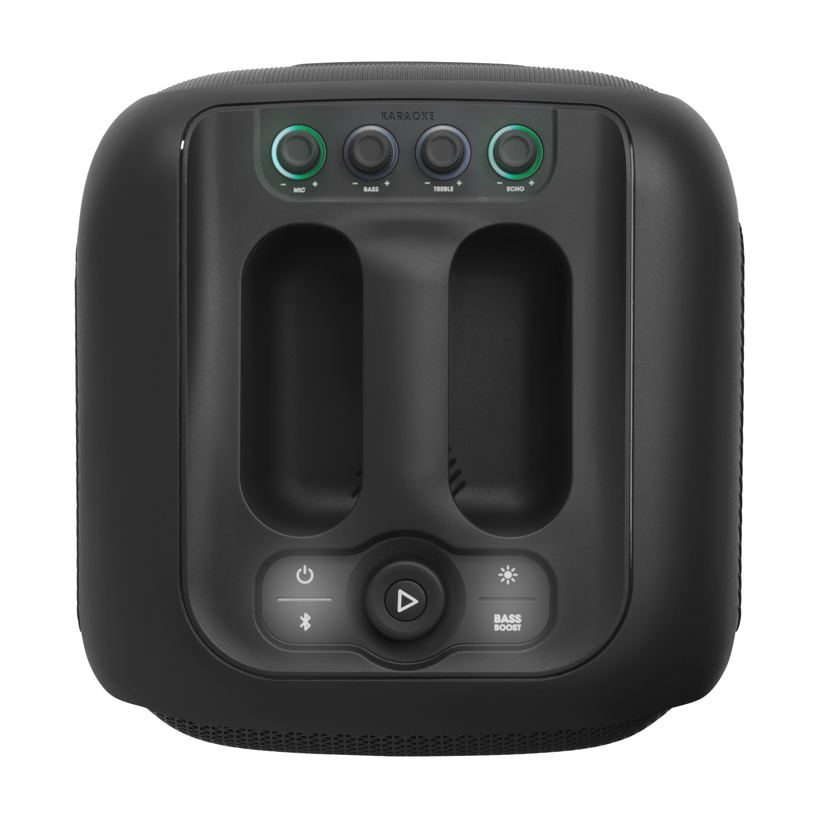 JBL PartyBox Encore - Black - Portable party speaker with 100W powerful sound, built-in dynamic light show, included digital wireless mics, and splash proof design. - Top